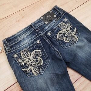 Miss Me Jeans Womens 27 Boot Cut Embellished Pockets Dark Wash Denim Biker NEW